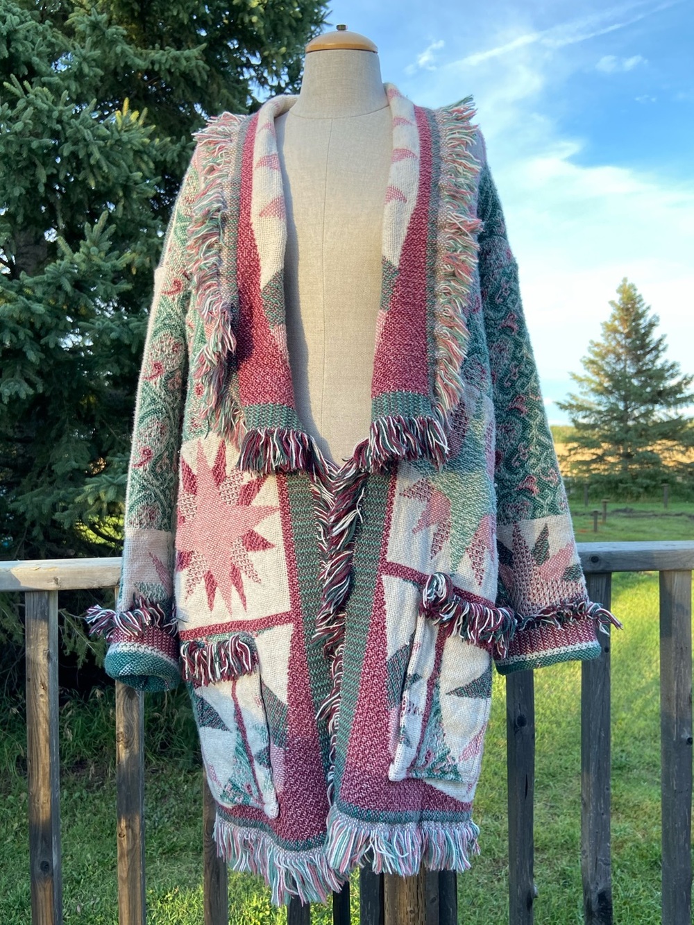 Handmade 90s Celestial Blanket Coat Burgundy Forest Green Tapestry Fringe Star